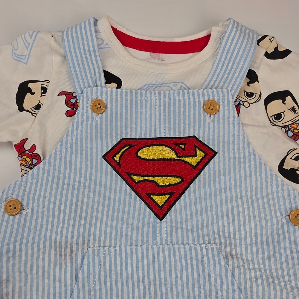 DC Comics Superman Overalls Set Baby Boys 0-3M Light Blue NWT Striped 2pc Outfit